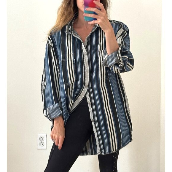 Vintage Levi Strauss Striped Denim Button Front Western Collared Shirt LRG - Picture 1 of 11